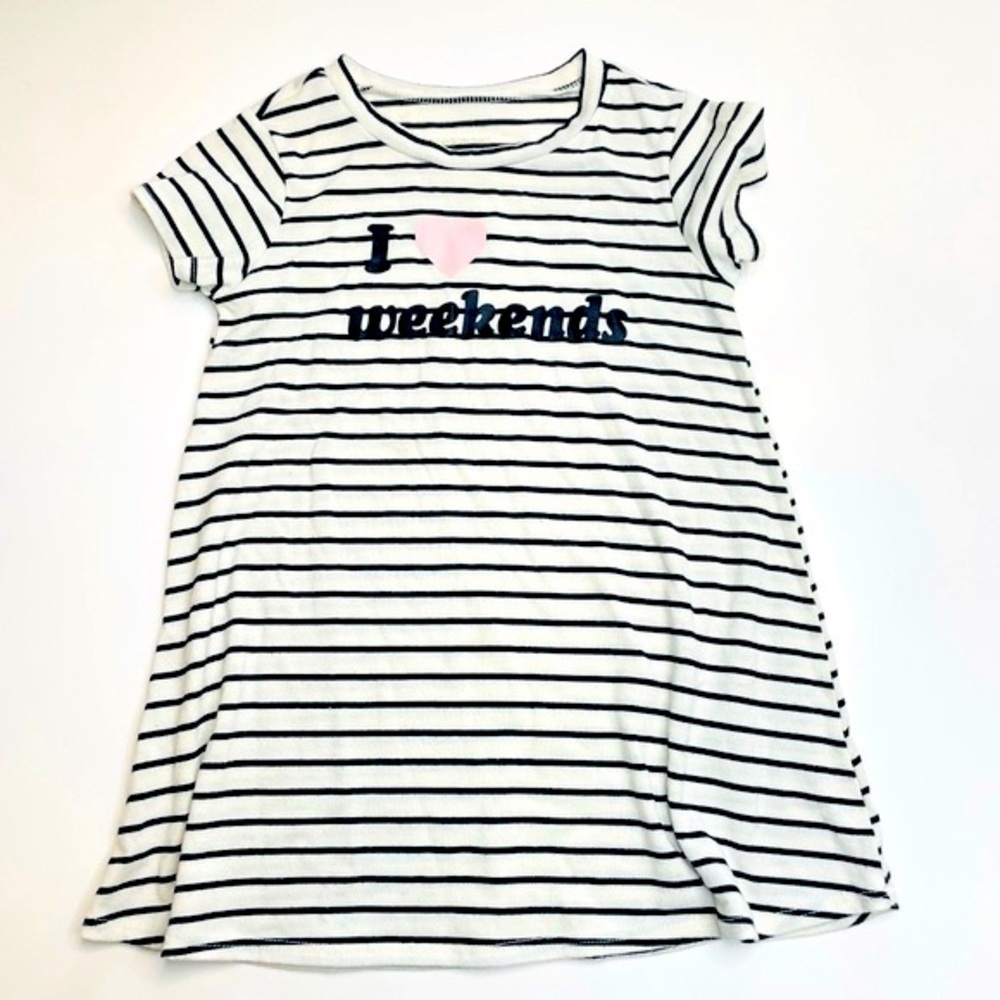 Grayson Mini Girls I Love Weekends White Black Striped A-Line Short Sleeve Dress